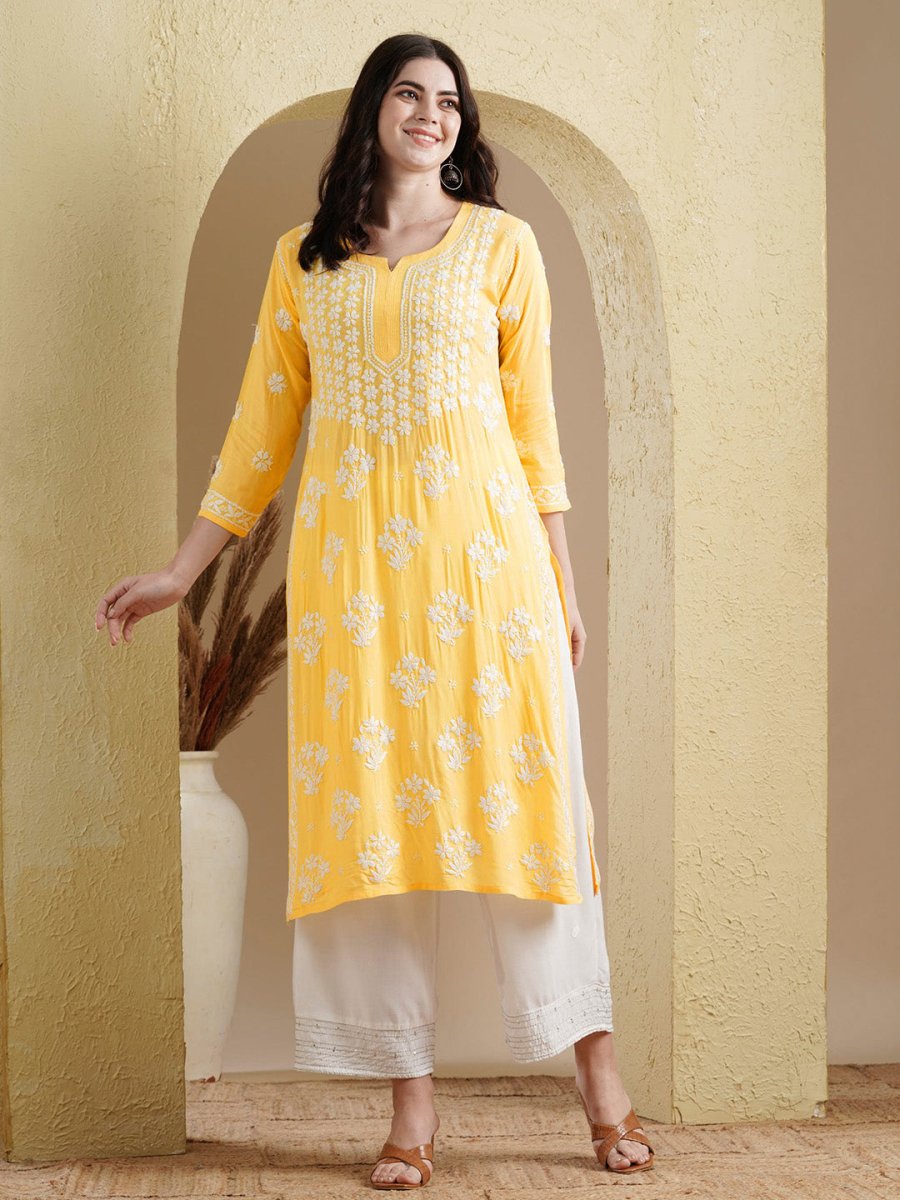 ADA Floral Lucknowi Chikankari Straight Kurta