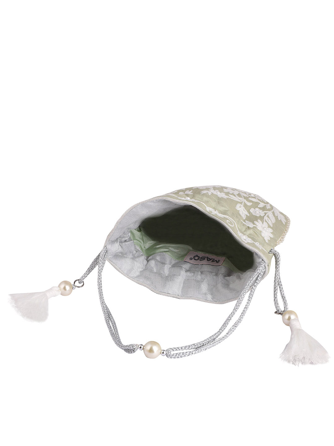 Masq Green & White Embellished Embroidered Potli Clutch - Distacart