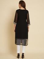 HERE&NOW Black & White Ethnic Motifs Chikankari Embroidered Georgette Kurta