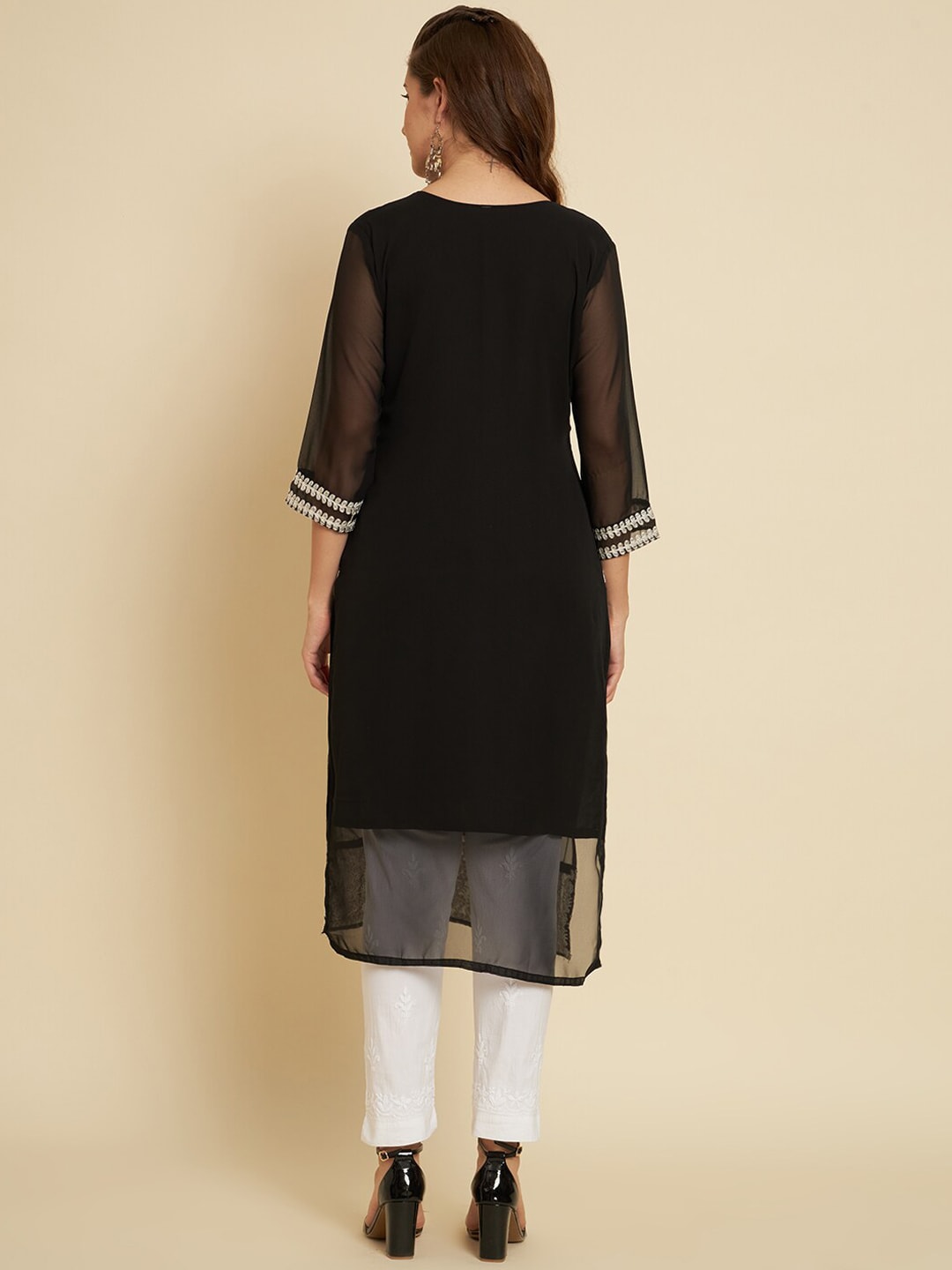 HERE&NOW Black & White Ethnic Motifs Chikankari Embroidered Georgette Kurta
