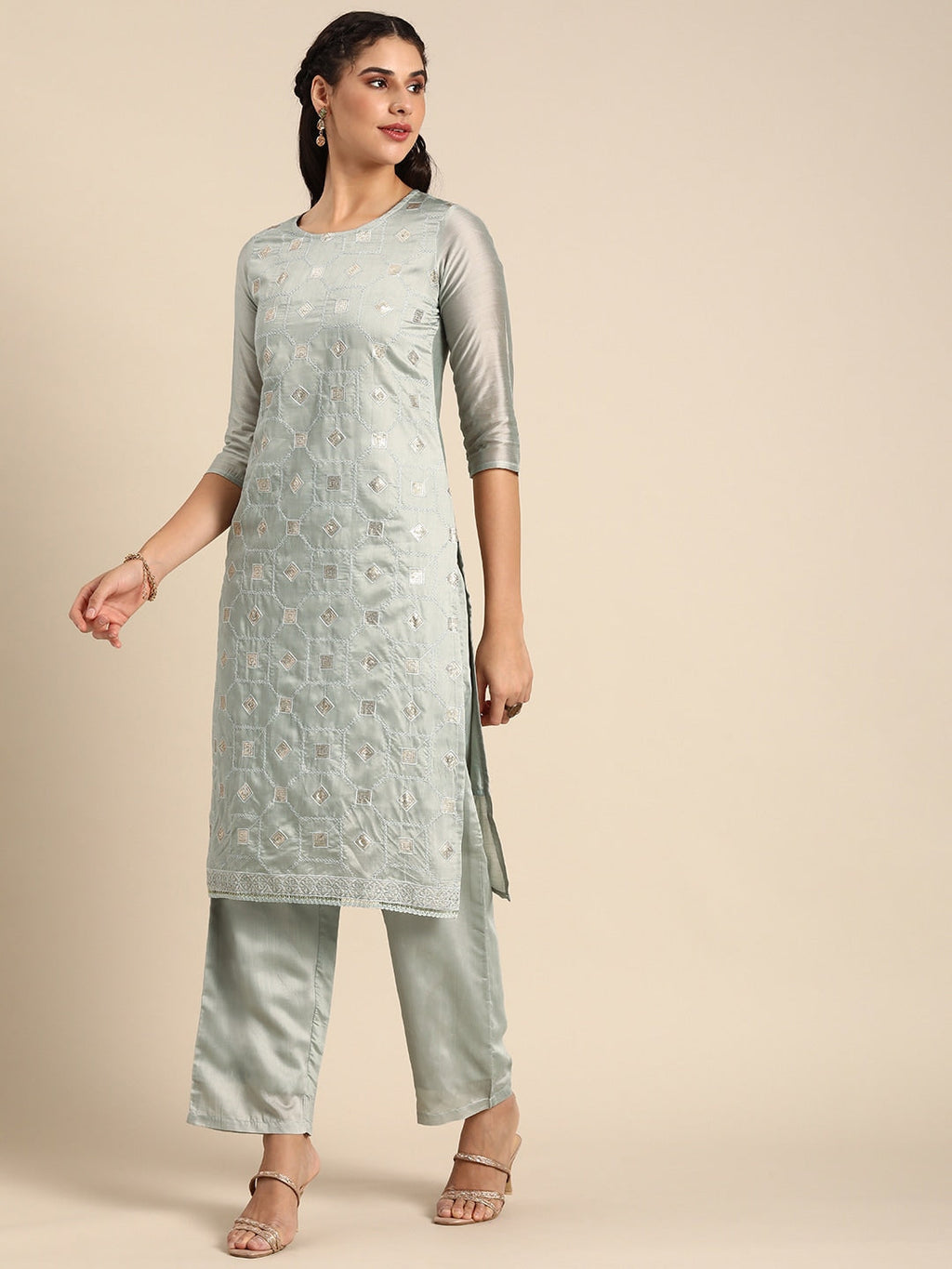 Sangria Women Grey Ethnic Motifs Embroidered Regular Sequinned Chanderi Silk Kurta with Palazzos & With