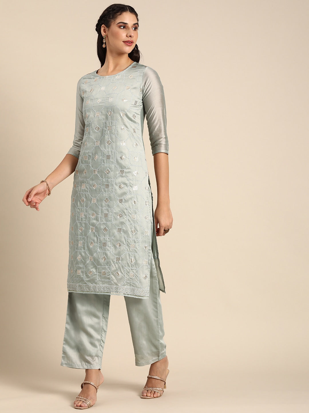 Sangria Women Grey Ethnic Motifs Embroidered Regular Sequinned Chanderi Silk Kurta with Palazzos & With