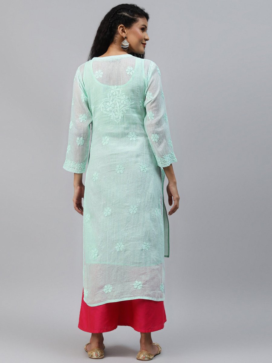 ADA Women Sea Green Chikankari Hand Embroidered Straight Kota Handloom Kurta With Matching Slip