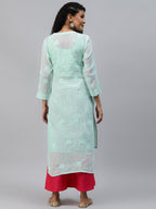 ADA Women Sea Green Chikankari Hand Embroidered Straight Kota Handloom Kurta With Matching Slip