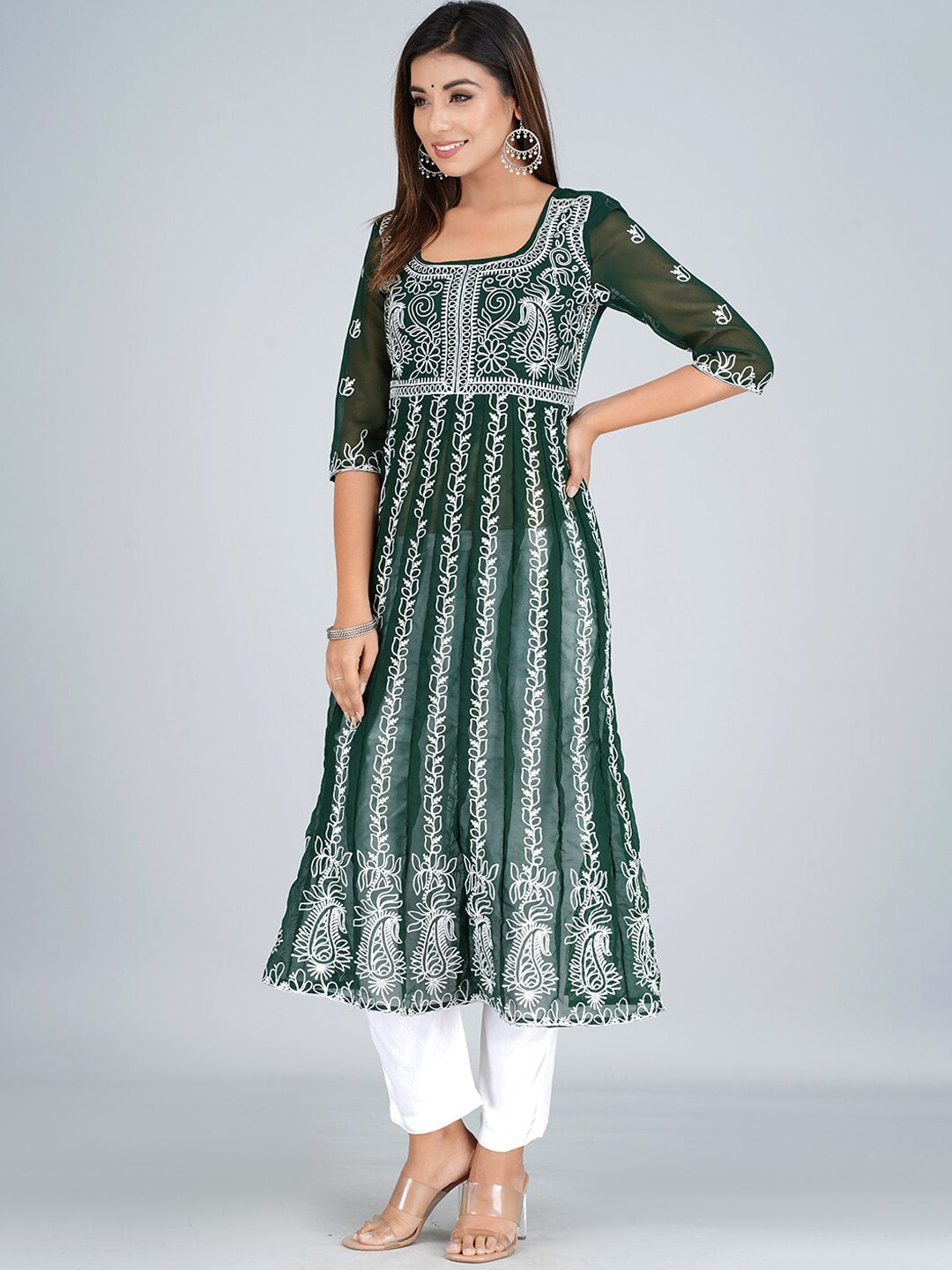 HERE&NOW Ethnic Motifs Embroidered Square Neck Georgette Anarkali Kurta