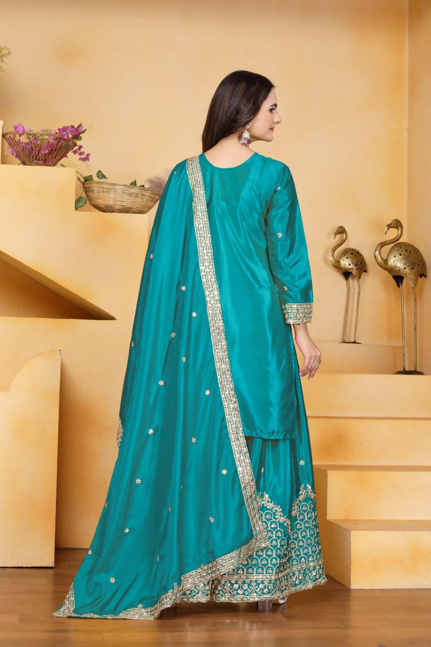 Teeya Creation Teal Color Natural Crepe Silk Wedding Wear Trending Palazzo Set - Distacart