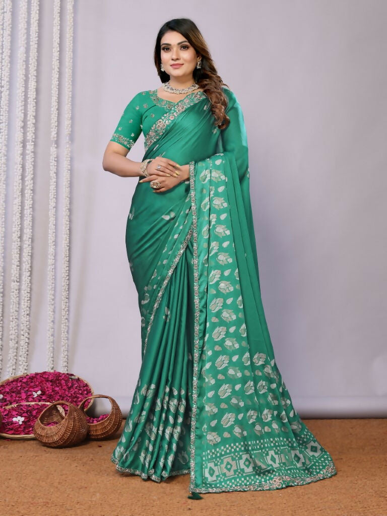 Green Gajji Silk Cord Jari Thread Stone Sequence Saree - Norita Saumya