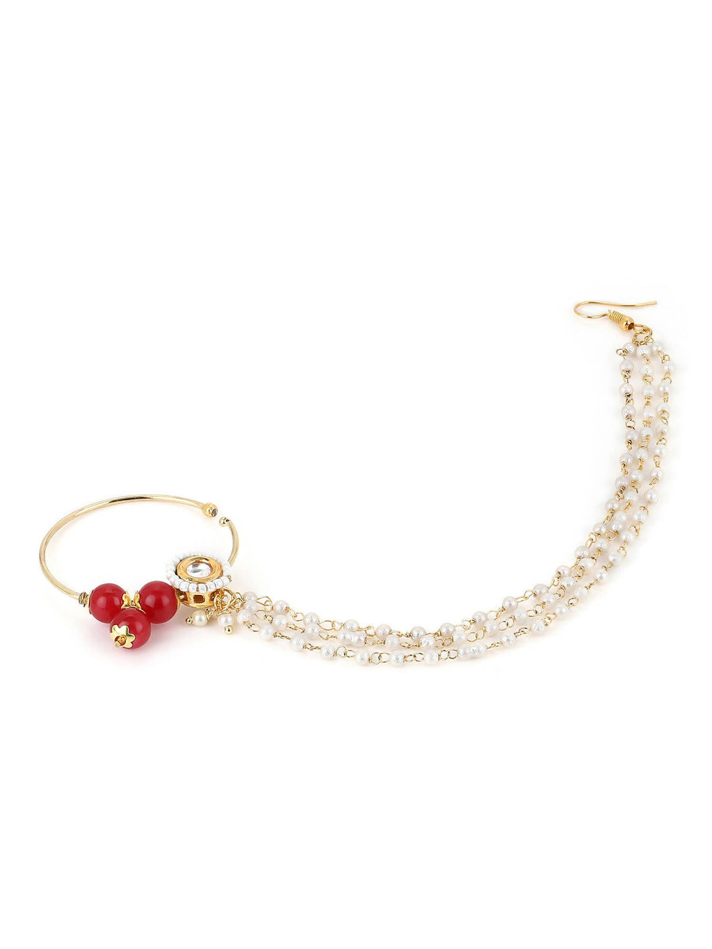 White Red Gold-Plated Kundan-Studded Beaded Nosepin - Ruby Raang - Distacart