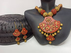 Terracotta Modern Long Necklace Set With Hangings-Indian Red And Gold
