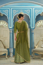 Juniper Green Bandhani Printed Shantoon Slub Lehenga Choli & Net Dupatta Set.