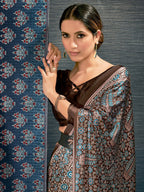Saree Mall Brown & Blue Ethnic Motifs Printed Pure Crepe Block Print Saree - Distacart