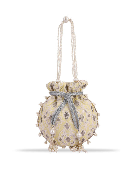 Masq Women Yellow & Grey Embellished Embroidered Potli Clutch