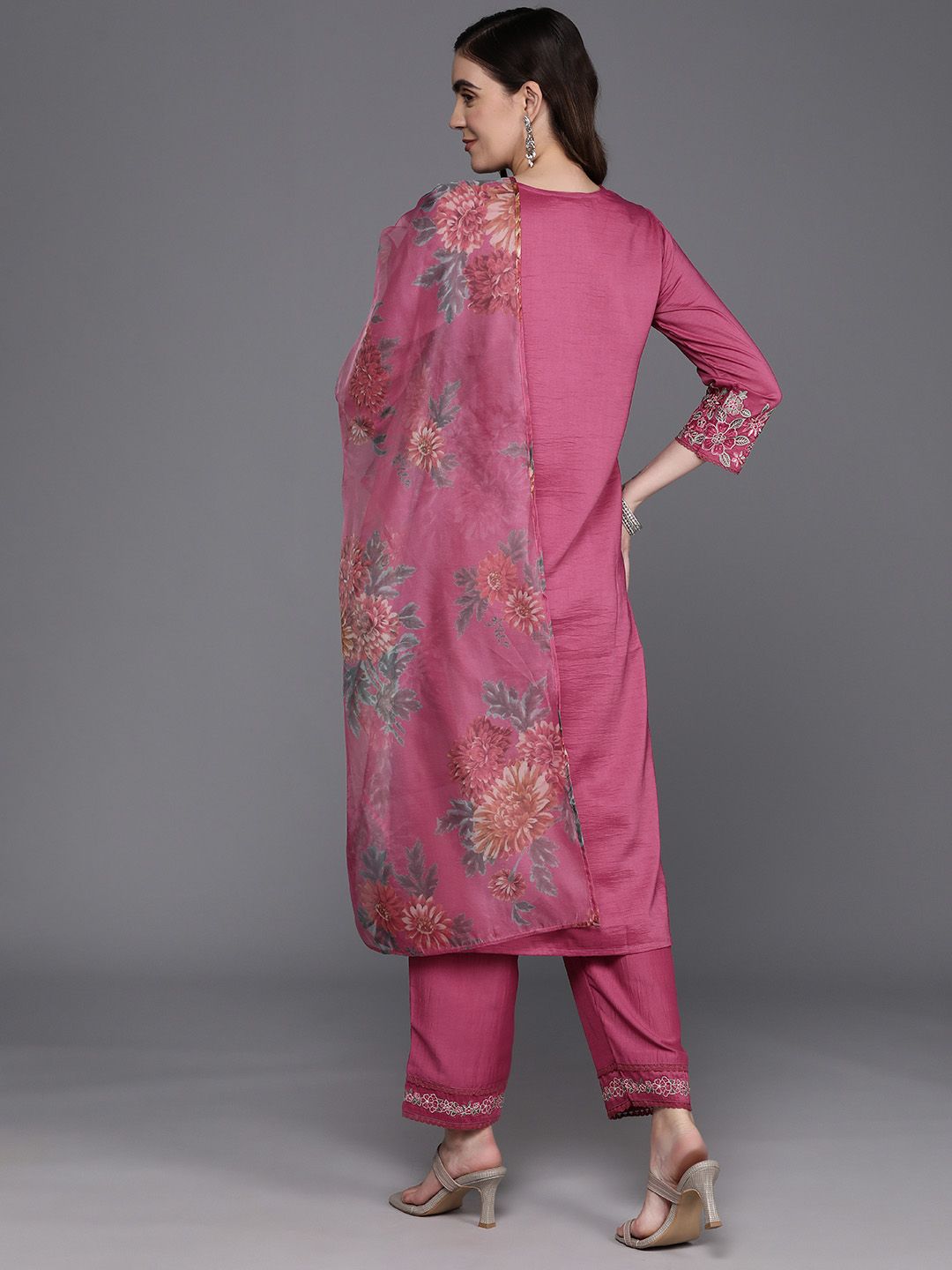 Indo Era Floral Embroidered Thread Work Kurta with Trousers & Dupatta - Distacart