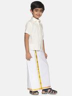Sethukrishna Boys Cream-Coloured & Gold-Toned Pure Cotton Shirt with Dhoti
