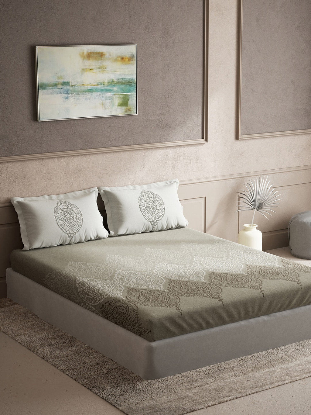 DDecor Grey & White Ethnic Motifs Cotton 140 TC Queen Bedsheet With 2 Pillow Covers
