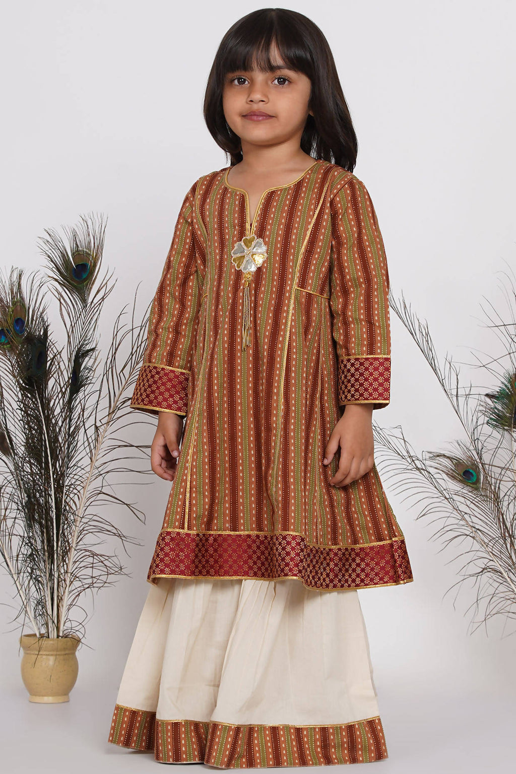 Little Bansi Girls Cotton Kurta frock with Sharara & Dupatta - Brown & Cream