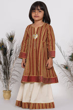 Little Bansi Girls Cotton Kurta frock with Sharara & Dupatta - Brown & Cream