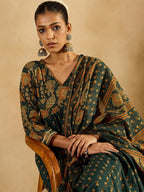 Indo Era Floral Printed Empire Pure Cotton A-Line Kurta With Trousers & Dupatta - Distacart