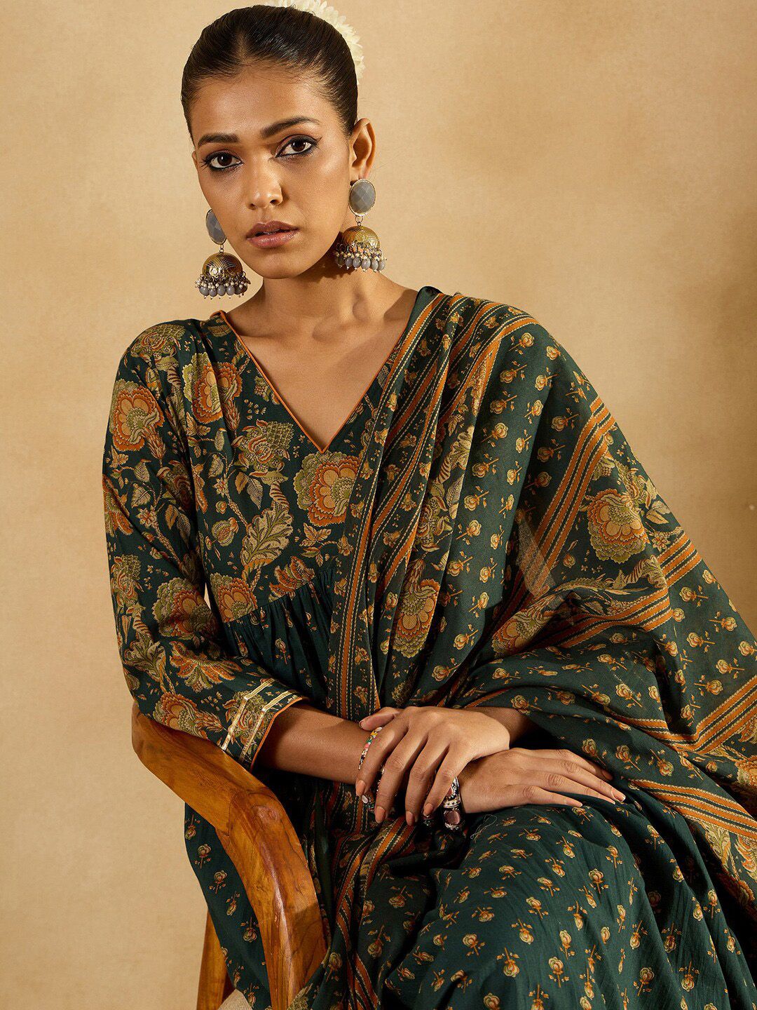 Indo Era Floral Printed Empire Pure Cotton A-Line Kurta With Trousers & Dupatta - Distacart