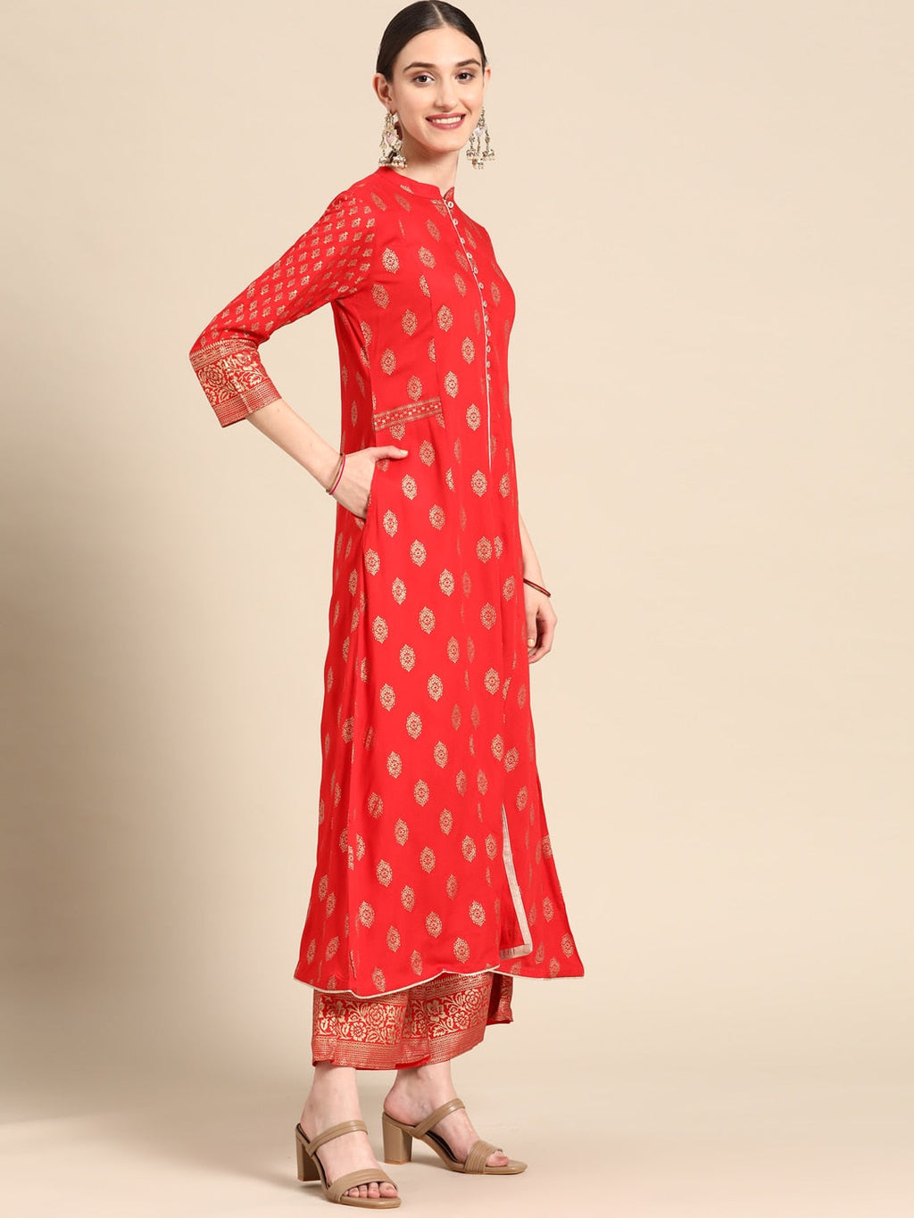 Sangria Women Red Ethnic Motifs Printed Kurta with Palazzos