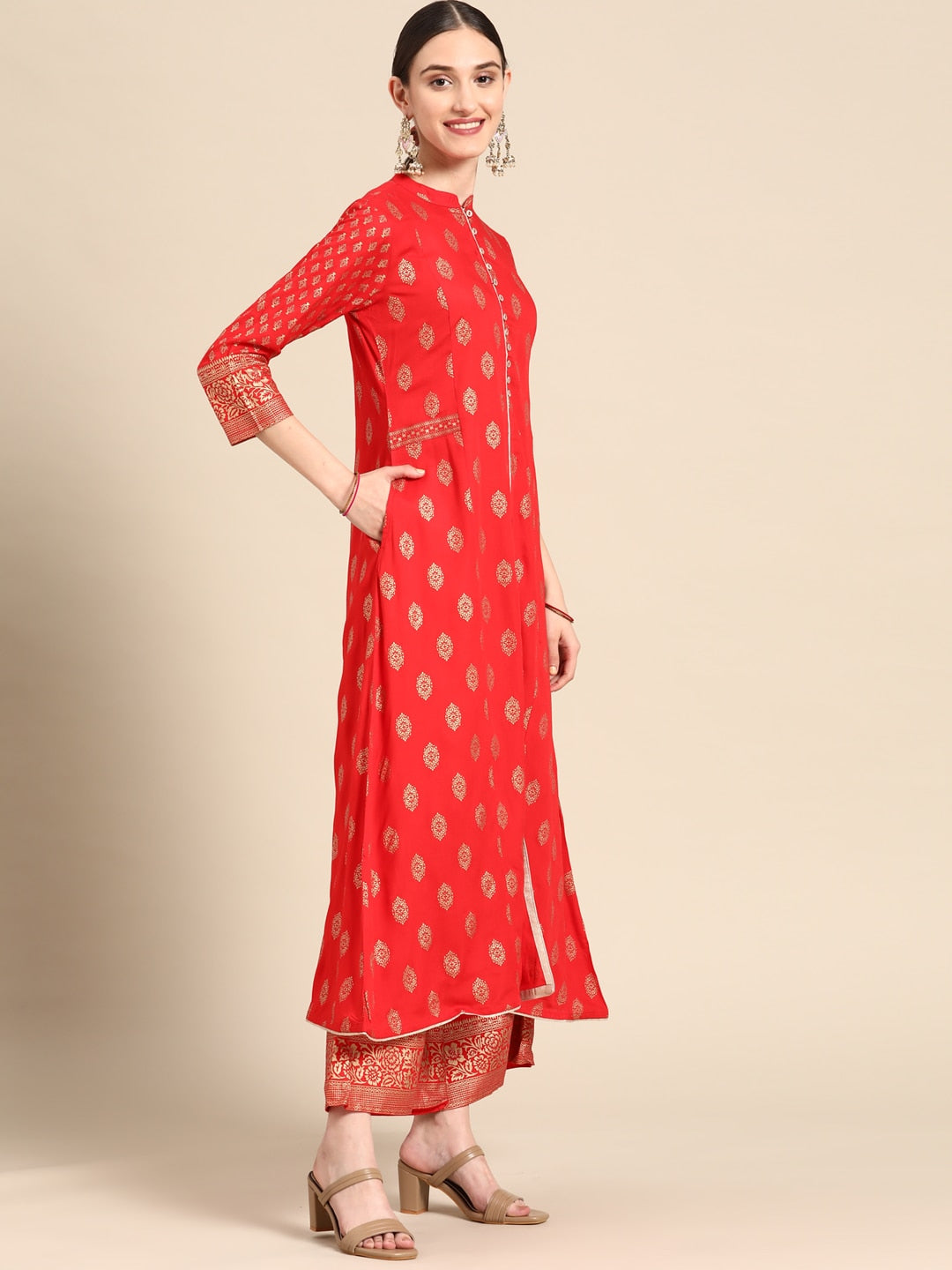 Sangria Women Red Ethnic Motifs Printed Kurta with Palazzos