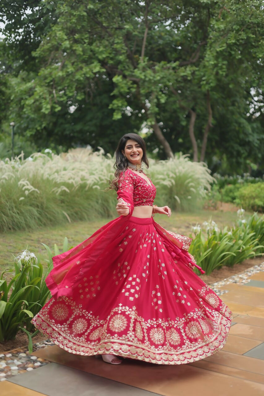 Vastranavya Designer Heavy Sequins & Thread Embroidered work Lehenga Choli - Red