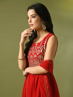 Myshka Women's Red Embroidered Georgette Anarkali Party Kurta Set