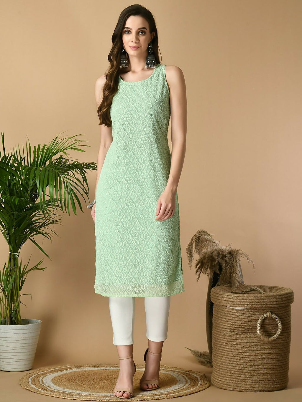 Myshka Women's Green Georgette Sleeveless Straight Party Kurta