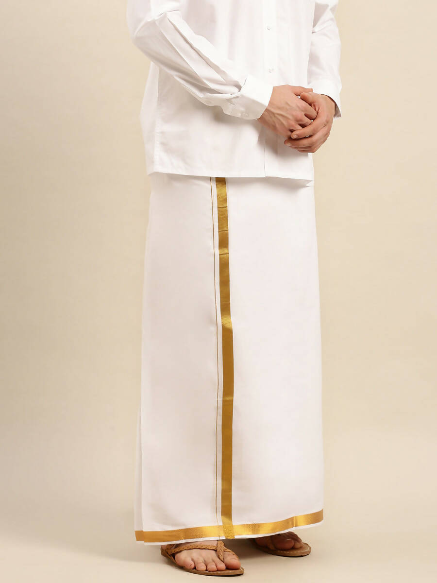 Ramraj Cotton Mens Pure Cotton 1 Inch Gold Jari Dhoti - White
