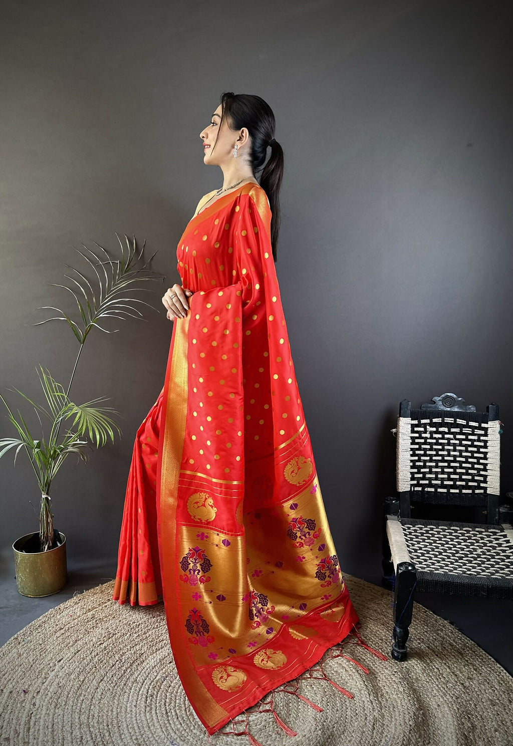Joban Fashion Red Polka Dot Lichi Silk Paithani Silk Saree - Distacart