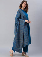 Janasya Blue Printed Pure Cotton Anarkali Kurta & Palazzos With Dupatta - Distacart