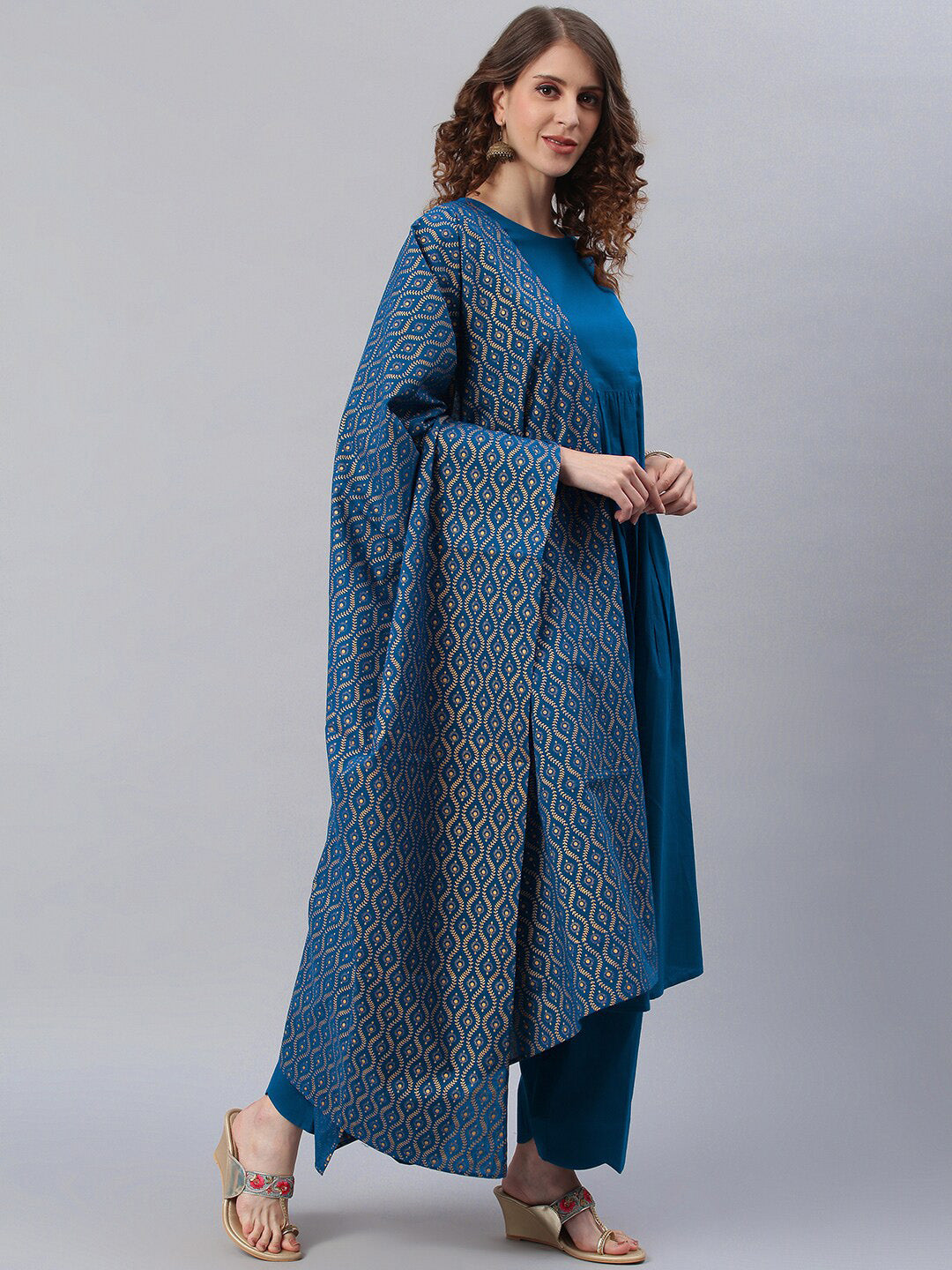 Janasya Blue Printed Pure Cotton Anarkali Kurta & Palazzos With Dupatta - Distacart