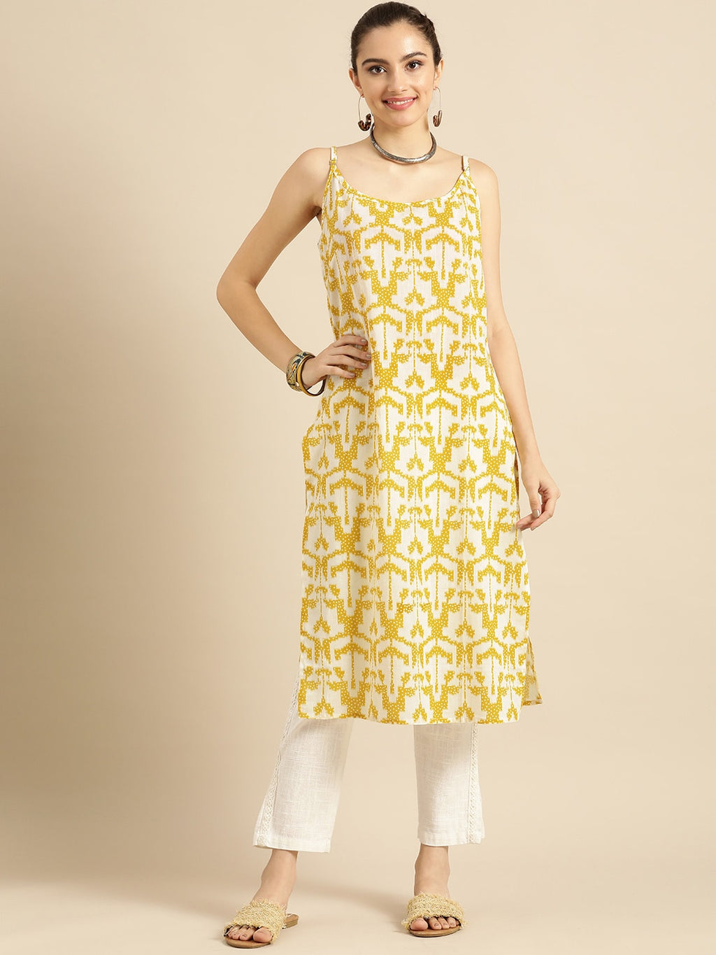 Sangria Women Mustard Yellow & Yellow Printed Cotton Kurta