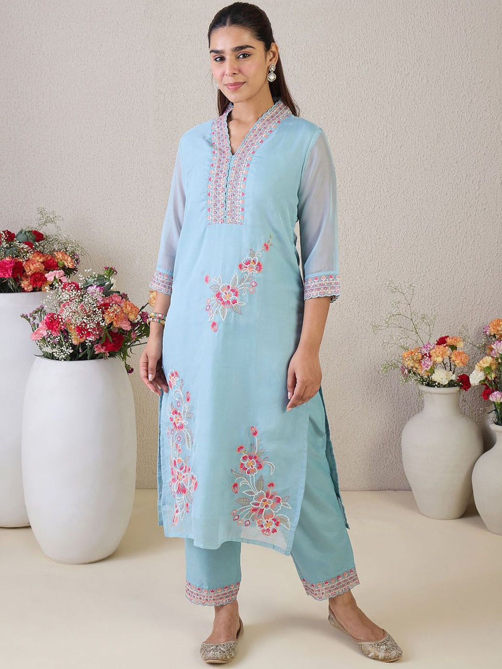 Indo Era Floral Embroidered V-Neck Thread Work Straight Kurta & Trousers & Dupatta - Distacart