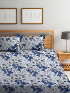 BOMBAY DYEING Blue & White Floral Cotton 144 TC King Bedsheet With 2 Pillow Covers