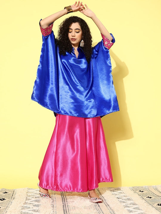 InWeave Women's Blue Pink Brocade Satin Boho Kurta Pink Palazzo Set