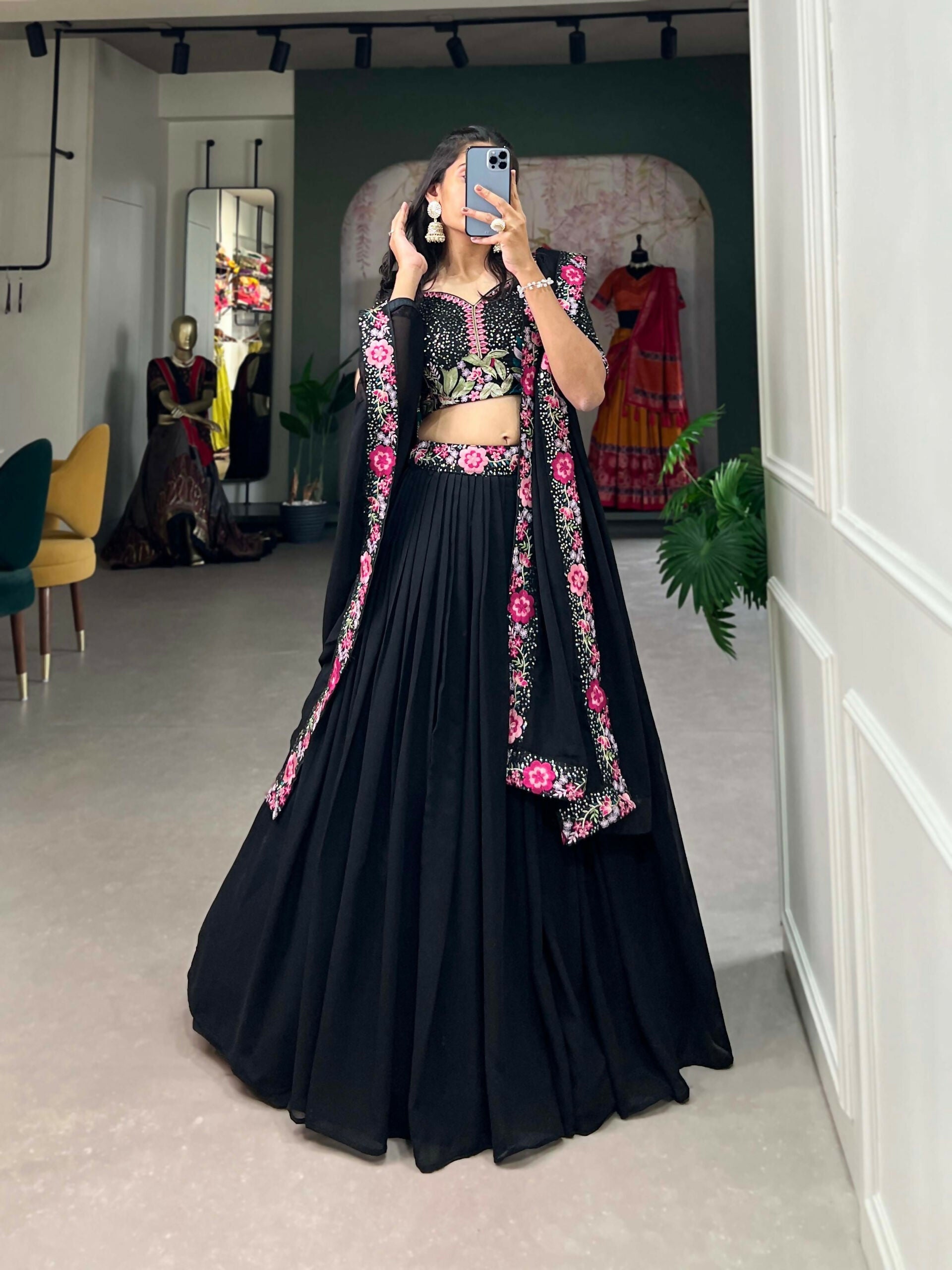 Vastranavya Party Wear Sequins And Delicate Embroidery Work Belt Lehenga Choli - Black