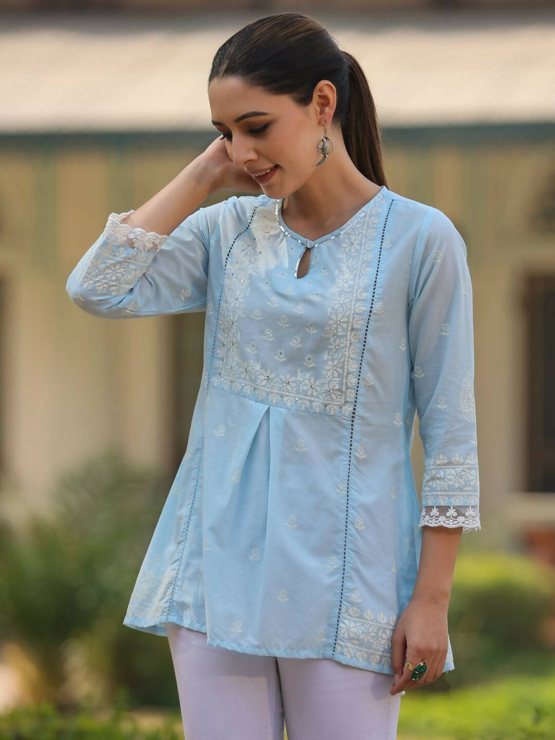 Juniper Women's Powderblue Cambric Floral Printed Tunic - Distacart