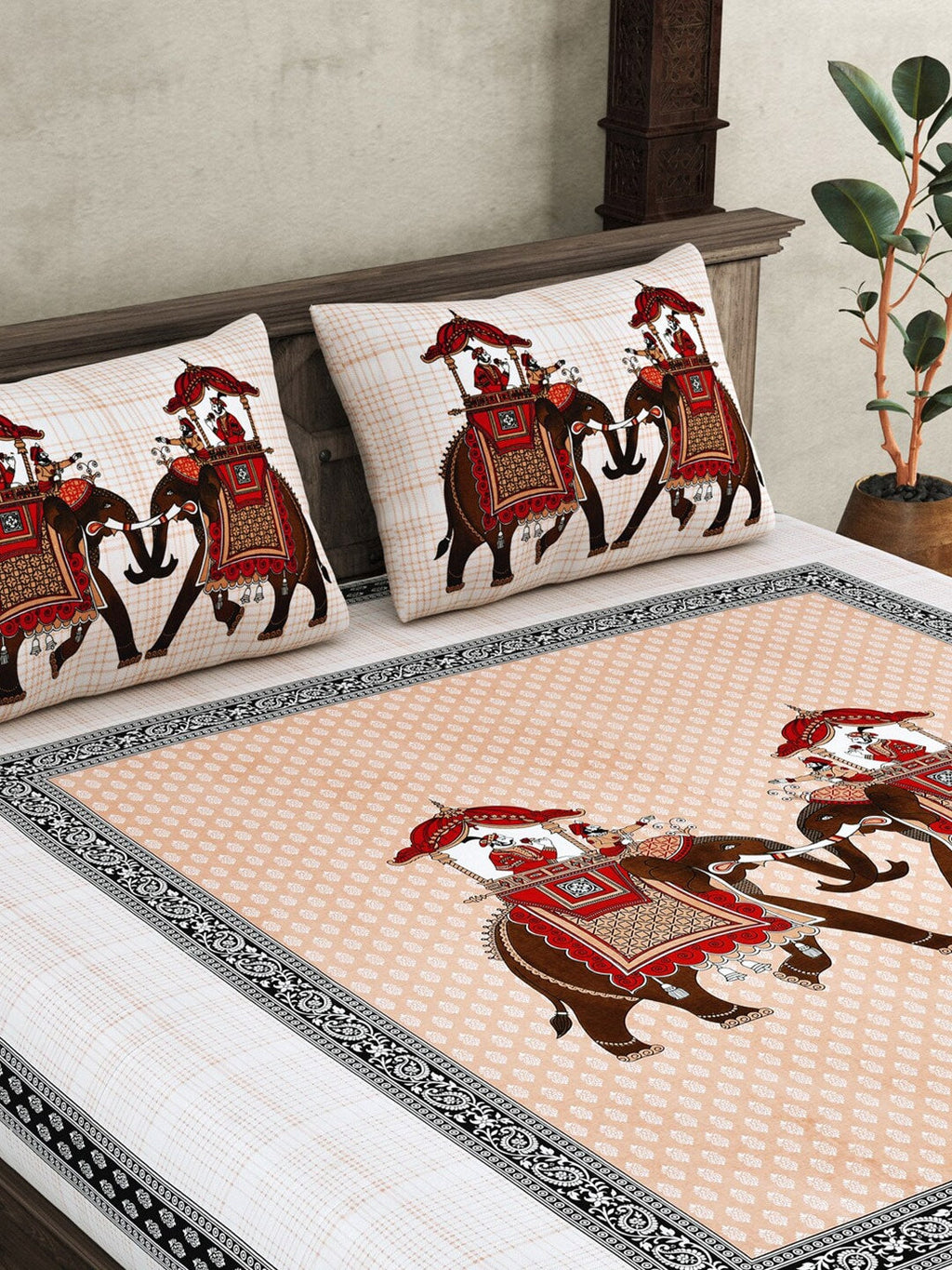 JAIPUR FABRIC Peach Ethnic Motifs Cotton 250 TC Super King Bedsheet With 2 Pillow Covers - Distacart