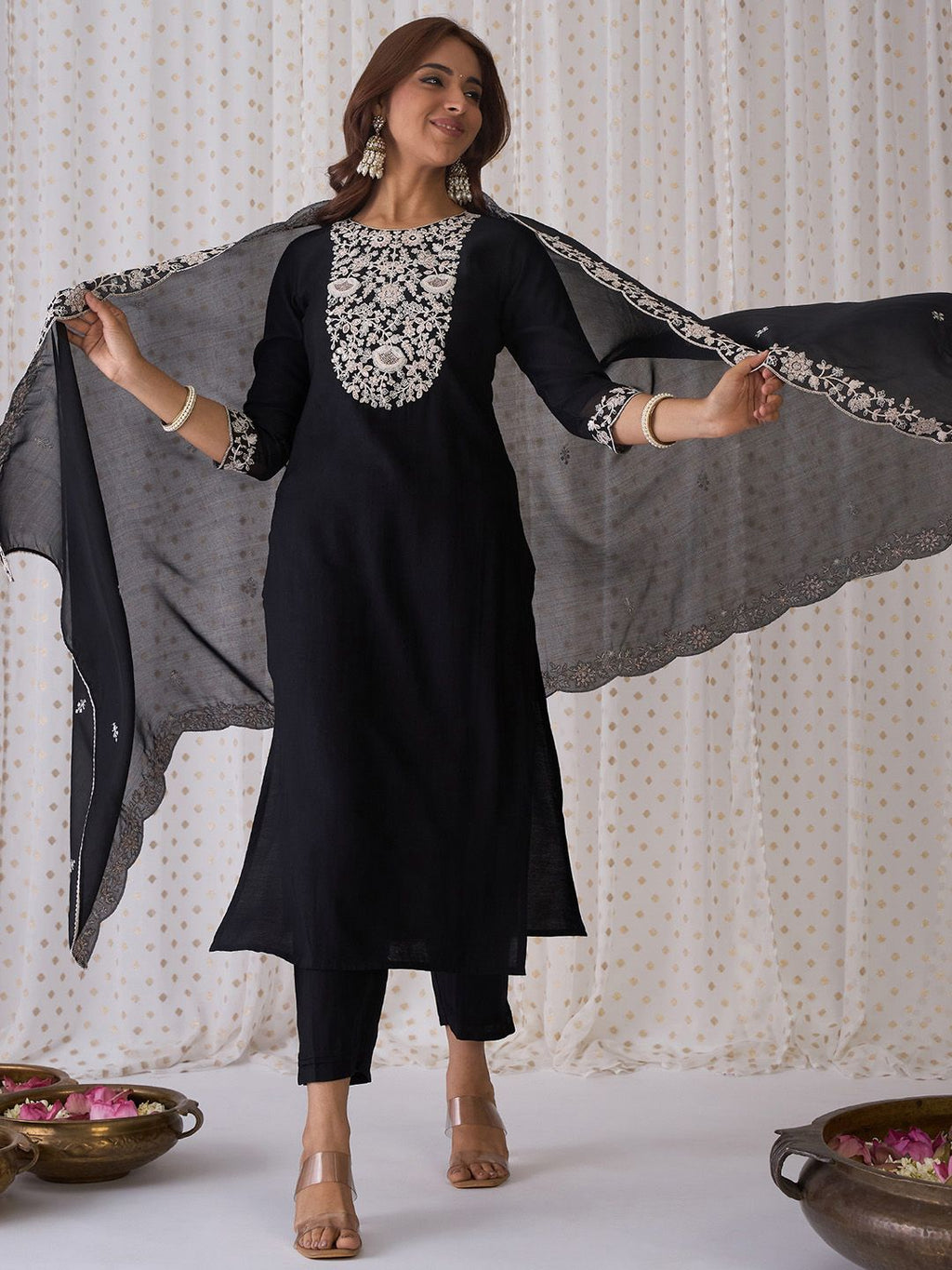 Indo Era Black Floral Embroidered Thread Work Kurta with Trousers & Dupatta - Distacart