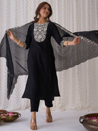 Indo Era Black Floral Embroidered Thread Work Kurta with Trousers & Dupatta - Distacart