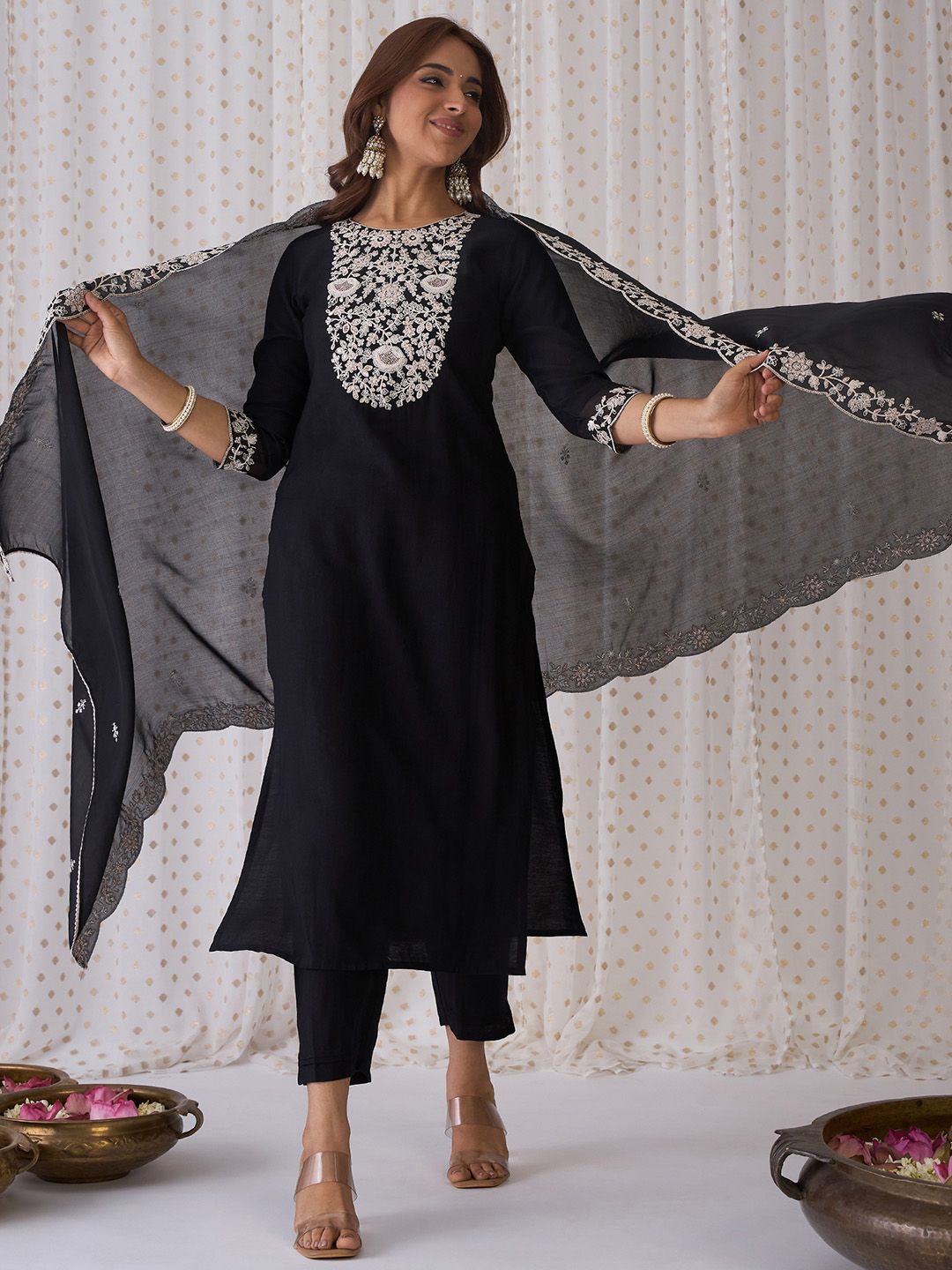 Indo Era Black Floral Embroidered Thread Work Kurta with Trousers & Dupatta - Distacart