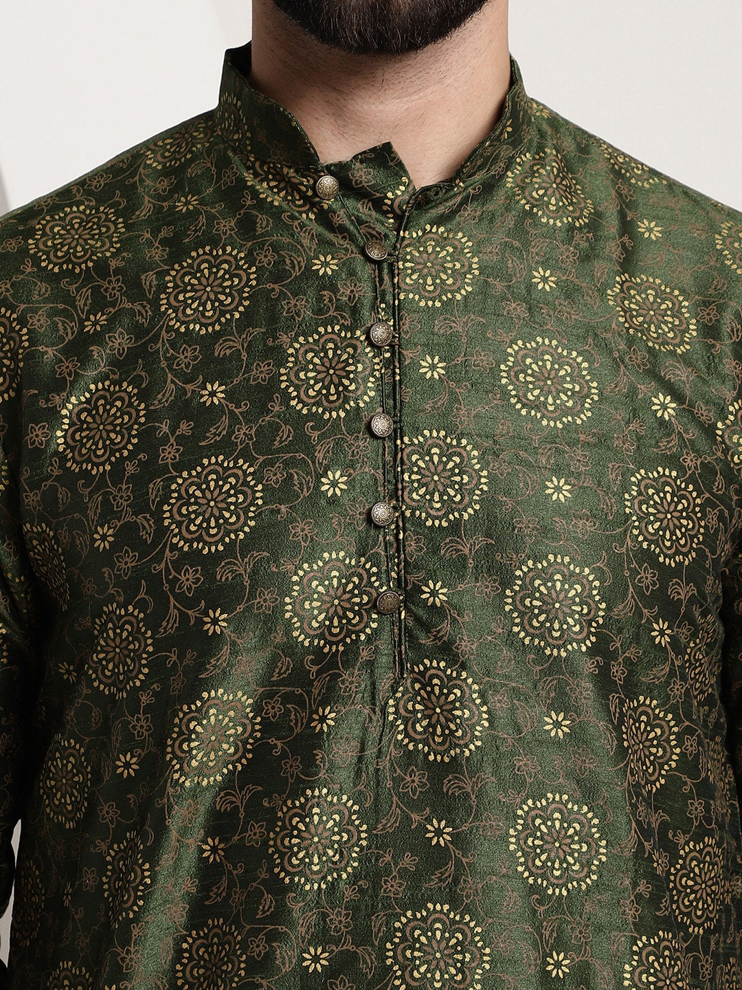 Sojanya Men Green & Brown Ethnic Motifs Printed Kurta