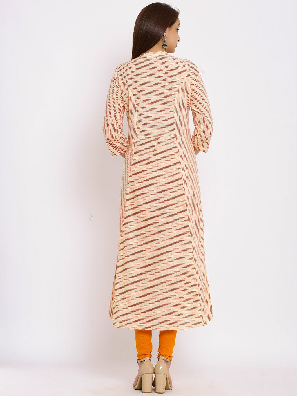 HERE&NOW Orange Mandarin Collar Striped A-Line Kurta
