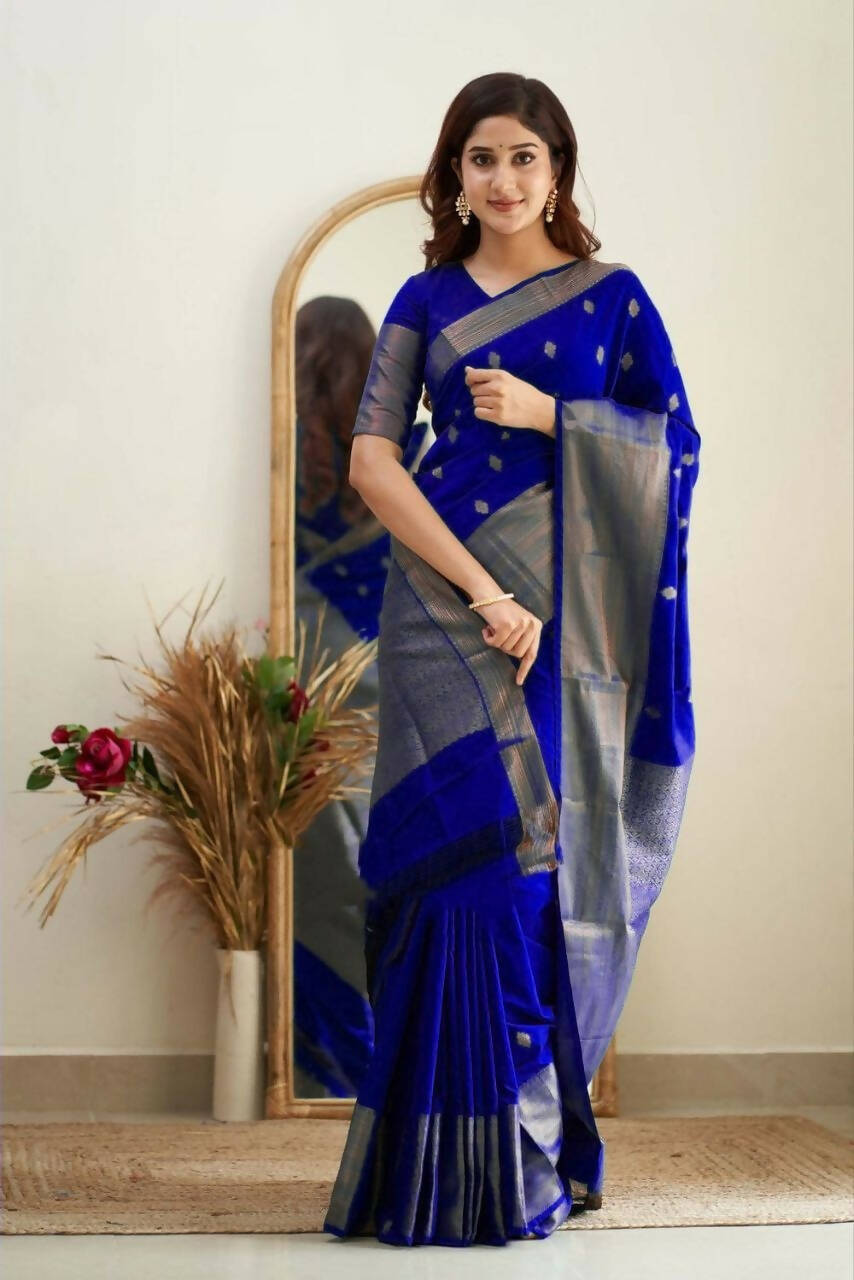 DEIANA'S Beautiful Designer Golden zari Soft Lichi Silk Saree - Royal Blue