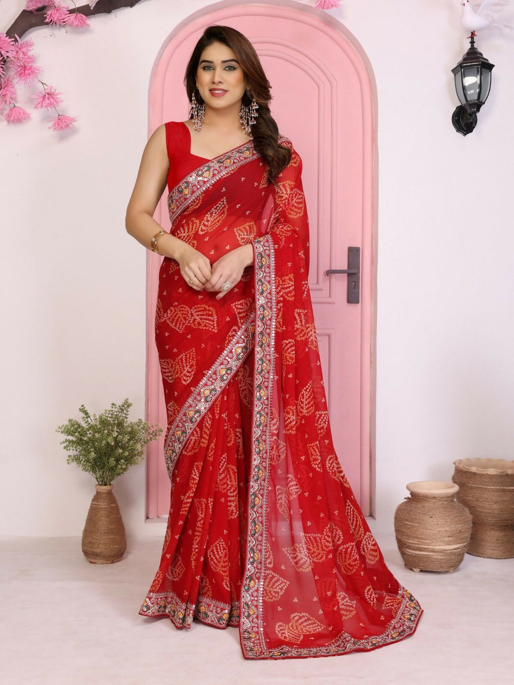 Ai Fashion Red Georgette Rajwadi Bandhani Print Party Wear Saree - Distacart