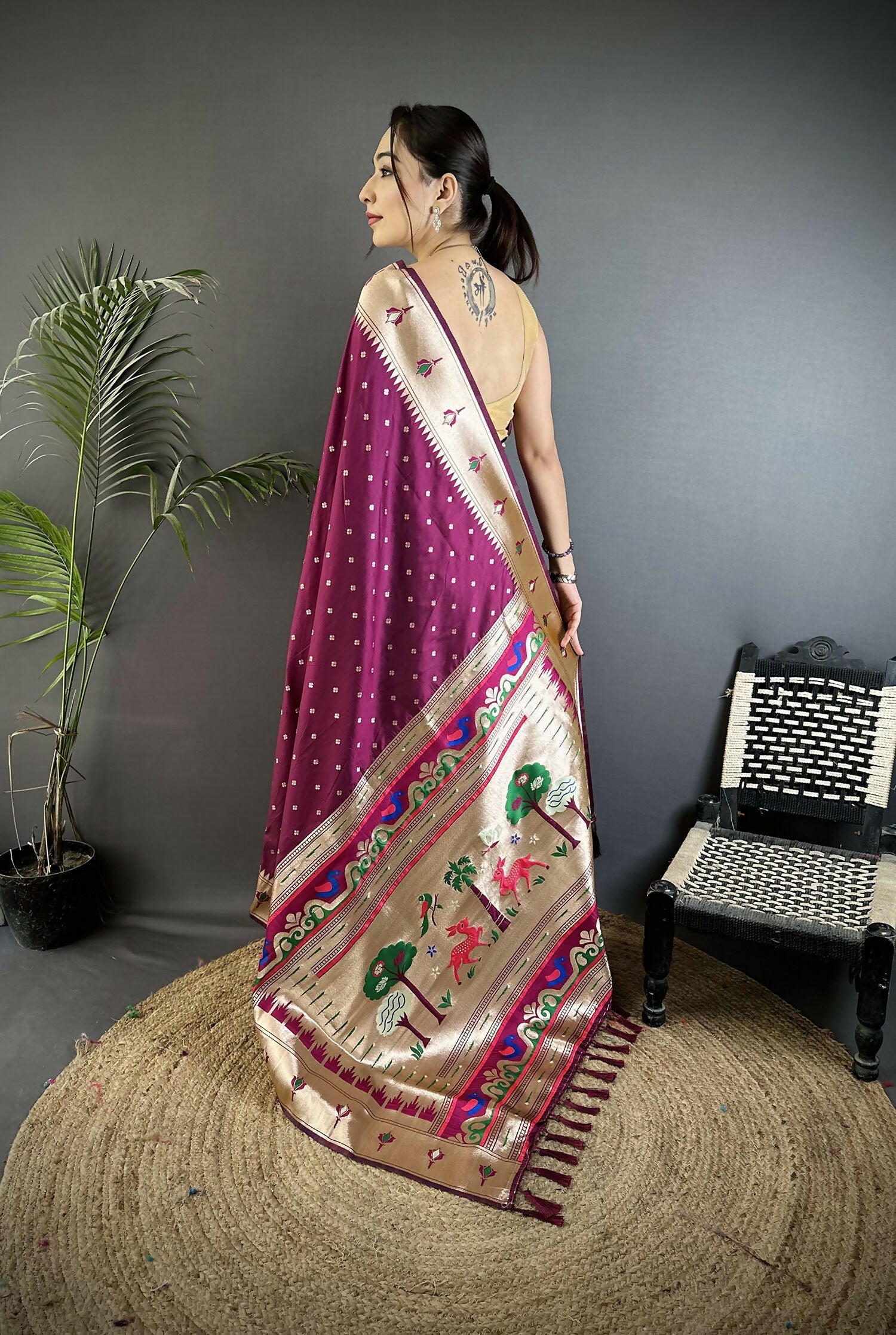 Joban Fashion Wine Peacock & Floral Motifs Soft Lichi Silk Kanchipuram Saree - Distacart