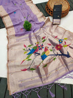 Vastranavya Lavender Muga Cotton Meenakari & Munia Weaving Pallu Saree with Contrast Blouse - Distacart