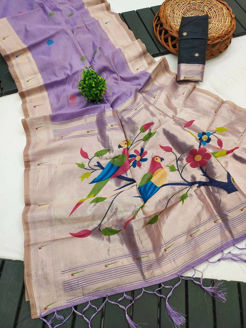 Vastranavya Lavender Muga Cotton Meenakari & Munia Weaving Pallu Saree with Contrast Blouse - Distacart