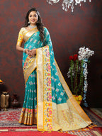 Lorenvalley Fashion Teal Organza Silk Woven Design with Meenakari Weaving Saree